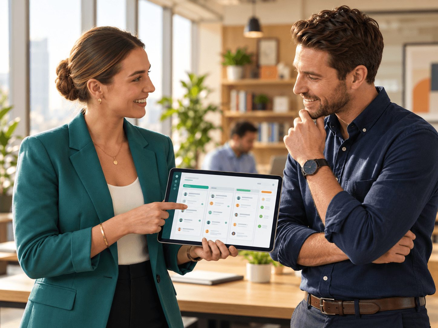 Two sales professionals reviewing a qualified CRM lead on a tablet