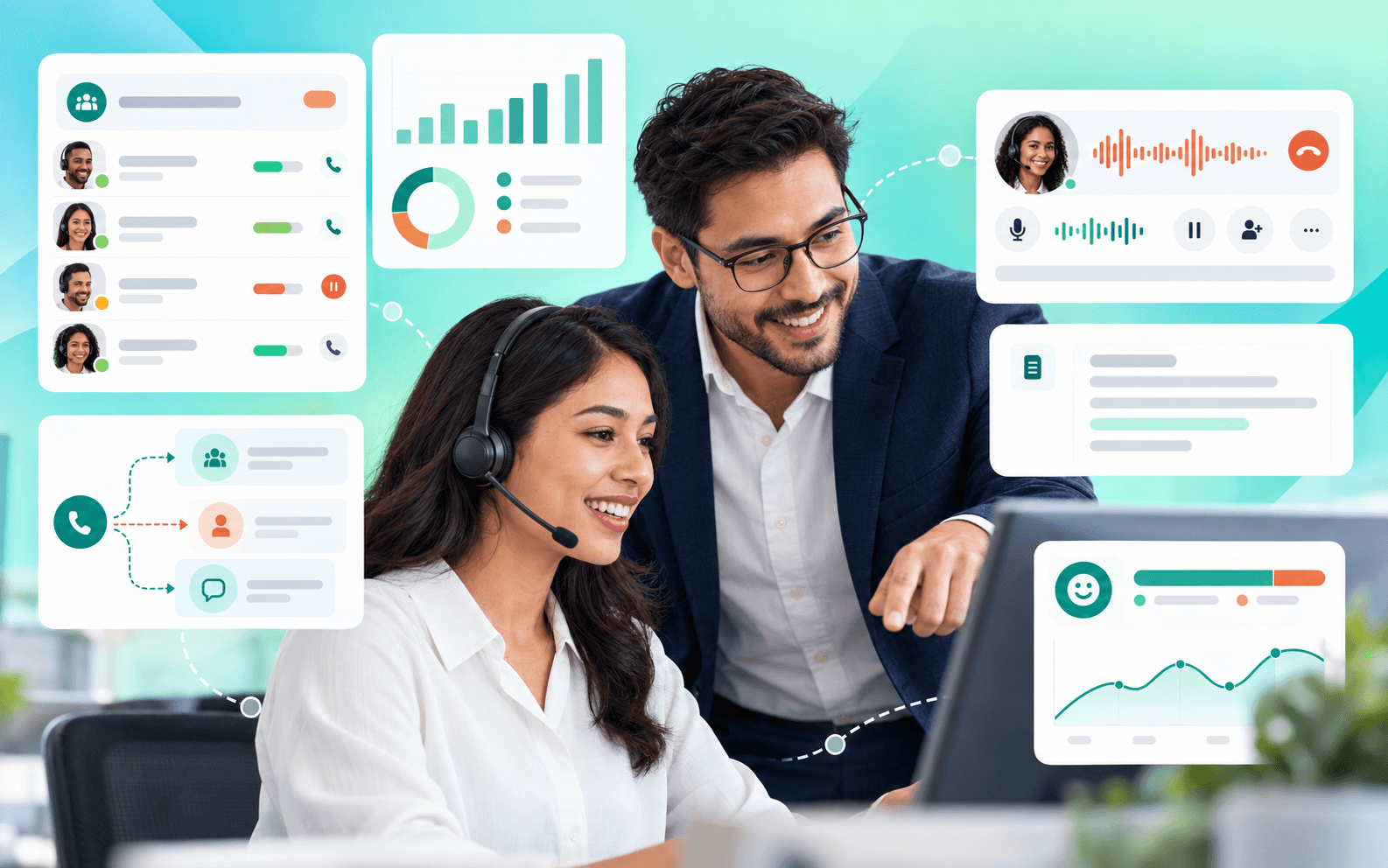 Call centre supervisor and agent reviewing live operations