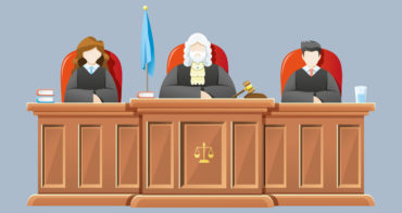 Vector illustration Supreme court with judges sitting on chairs and tables of judges. Concept illustration of law and court, Vector cartoon illustration